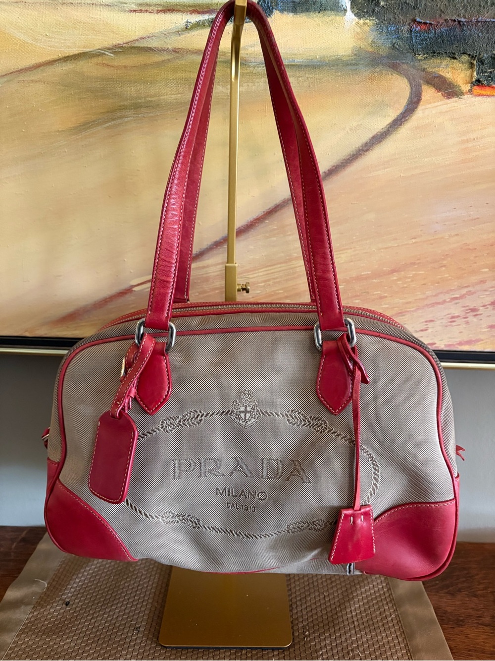 Prada Vintage Bowler Bag Jacquard and Leather Y2K